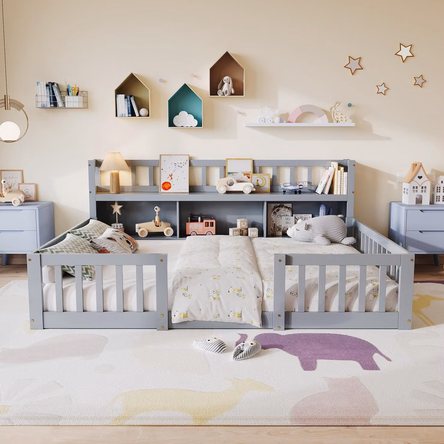 Letto singolo UnboxG, modello a terra, 140x200 cm, letto matrimoniale in legno, letto trasformabile per bambini con scaffale, letto classico per bambini con protezione anti-caduta, colore grigio