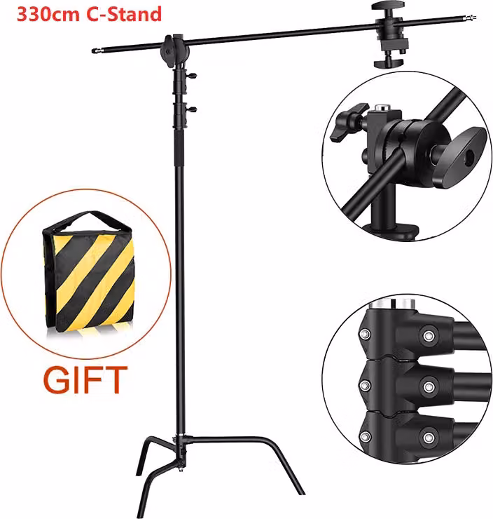 Supporto fotografico C-Stand, altezza regolabile 2,6 metri/3,3 metri, completo di sacco zavorra e treppiede, altezza massima 3,3 metri