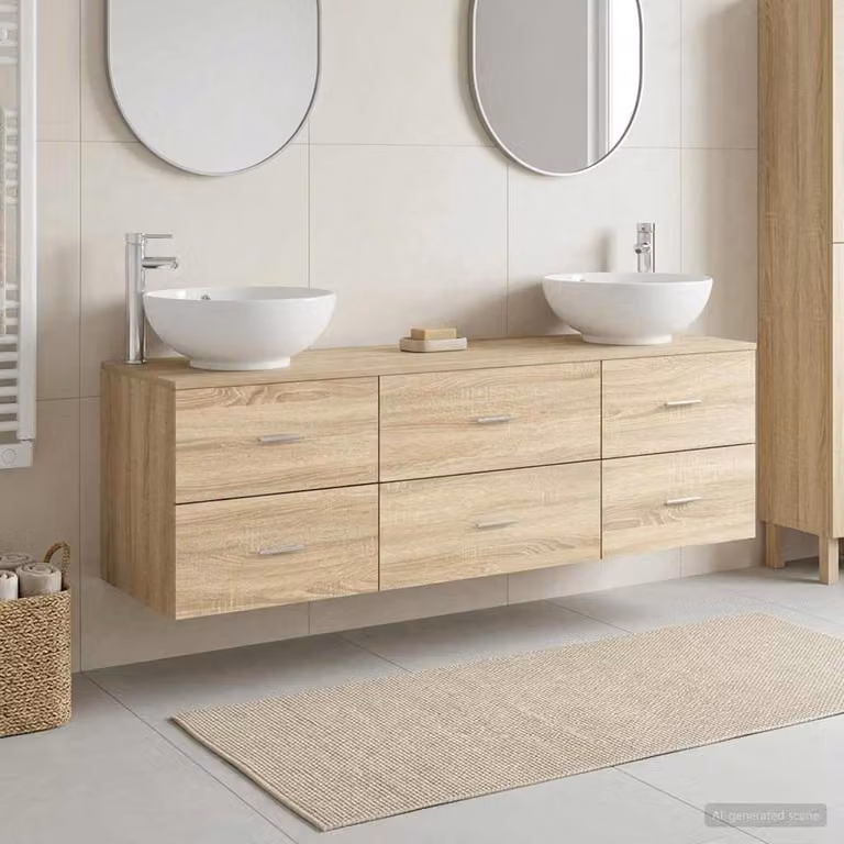 Set di mobili per il bagno moderno vidaXL composto da 3 pezzi in legno e MDF, colore marrone con dettagli argento, L/P/H: 161,0 x 40,65 x 80,0 cm