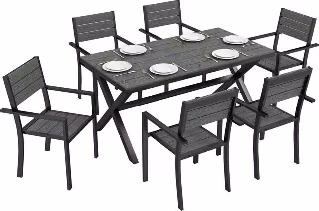 Set Pranzo da Giardino Xylo per 6 Persone con Tavolo Allungabile e Sedie Impilabili in Effetto Legno Grigio – 1