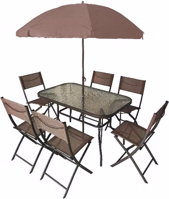 Set Giardino Amalfi Trade Shop con Tavolo con Ripiano in Vetro e 6 Sedie Pieghevoli e Ombrellone Marrone