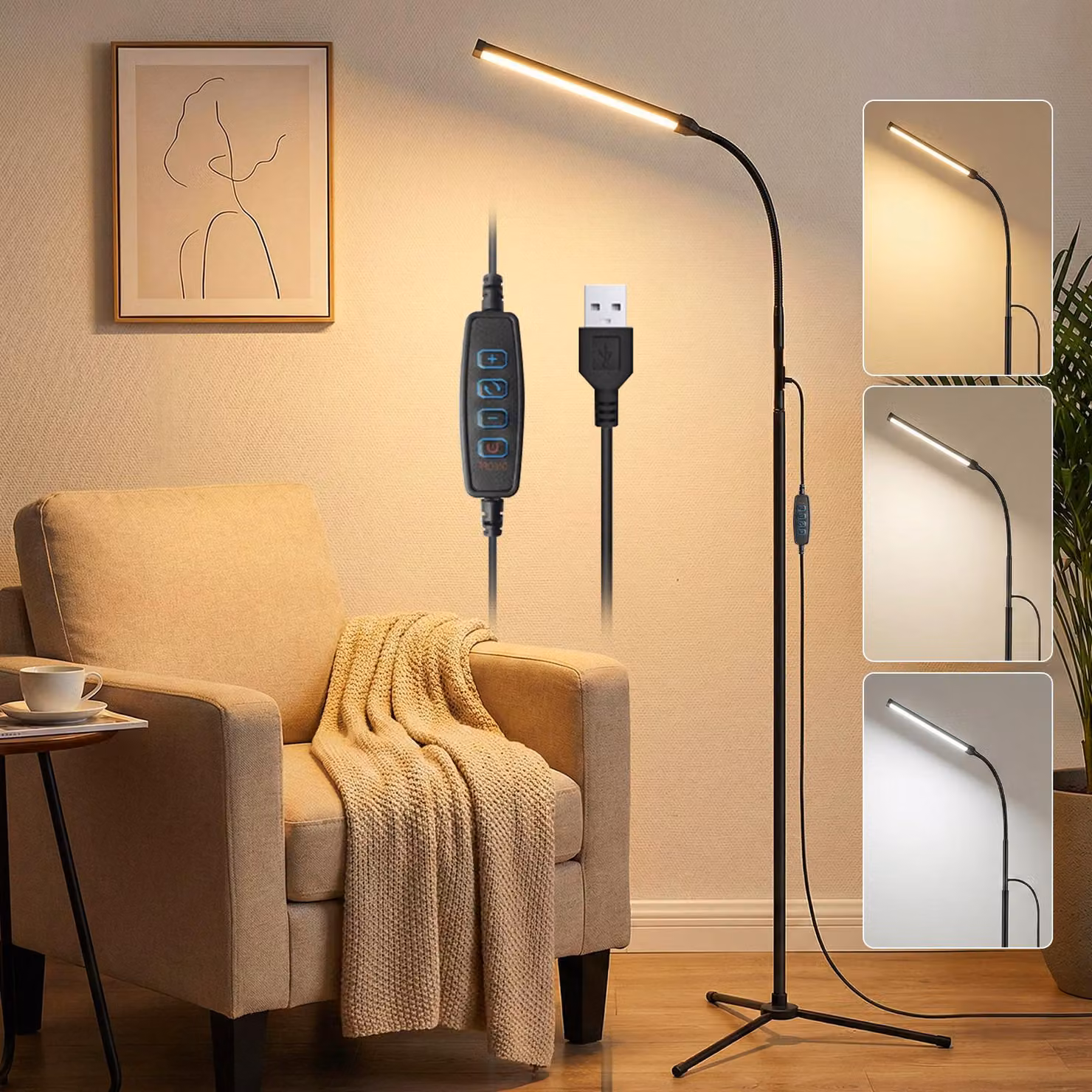 Lampada da terra a LED con 3 temperature di colore, dimmerabile, lampada da lettura regolabile, lampada d'angolo flessibile per camera da letto, soggiorno e studio