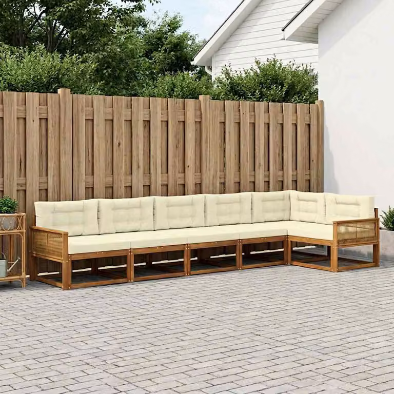 Set di divani da esterno vidaXL a forma di L composto da 6 pezzi in legno di acacia con cuscini, colori beige, bianco e marrone