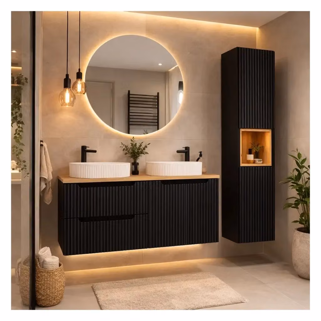 Set mobile bagno Meublorama VANO con piano, due lavabi da appoggio scanalati e colonna, finitura rovere nero, L: 150 cm, P: 39 cm, H: 86 cm – 2