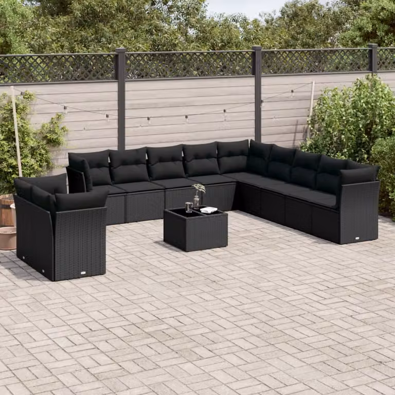 vidaXL Set Divani da Giardino a Forma di U con Tavolino da Caffè Nero in Polyrattan e Cuscini Inclusi