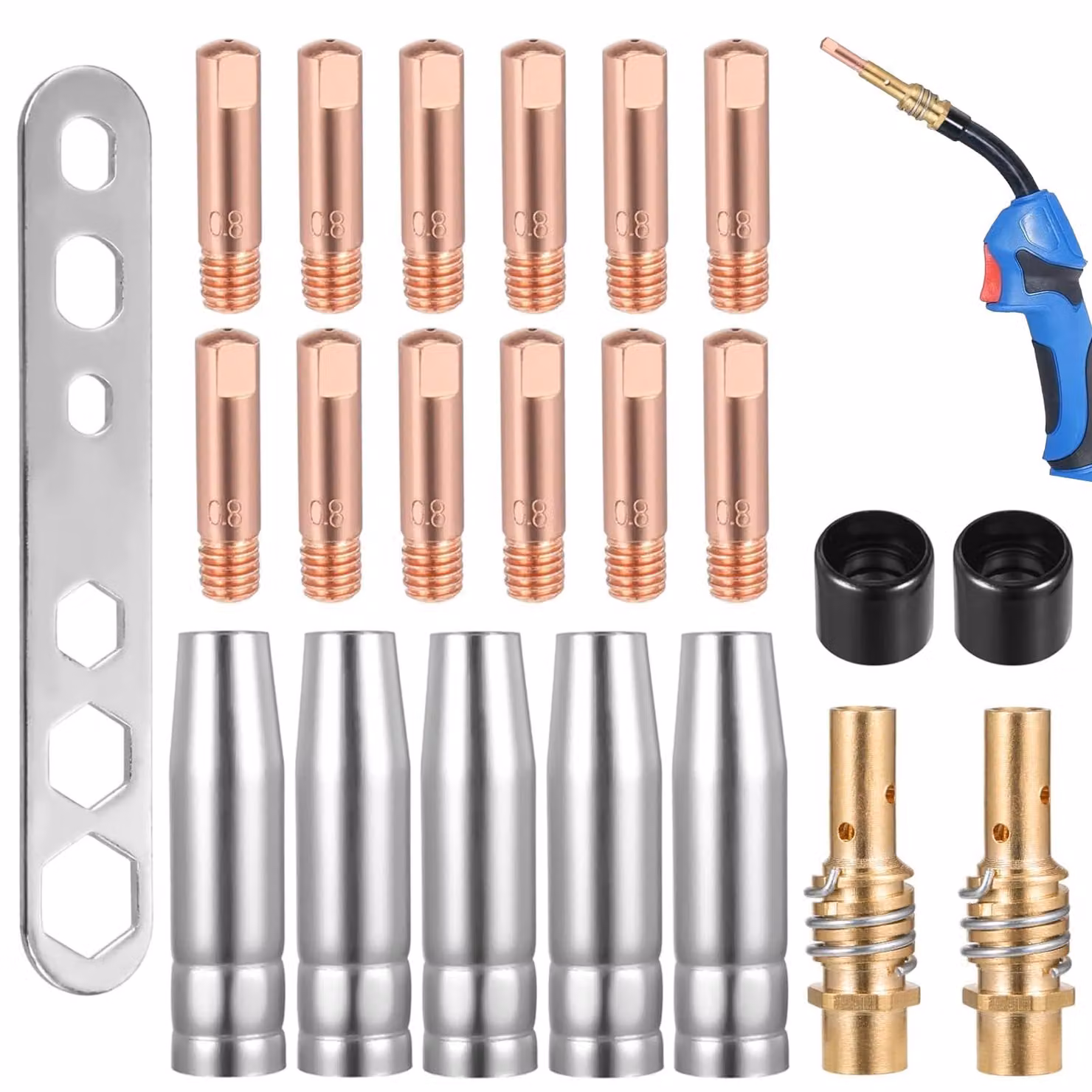 22 kit di ricambio per torcia di saldatura, inclusi 12 ugelli di contatto M6 da 0,8 mm e 5 ugelli di saldatura