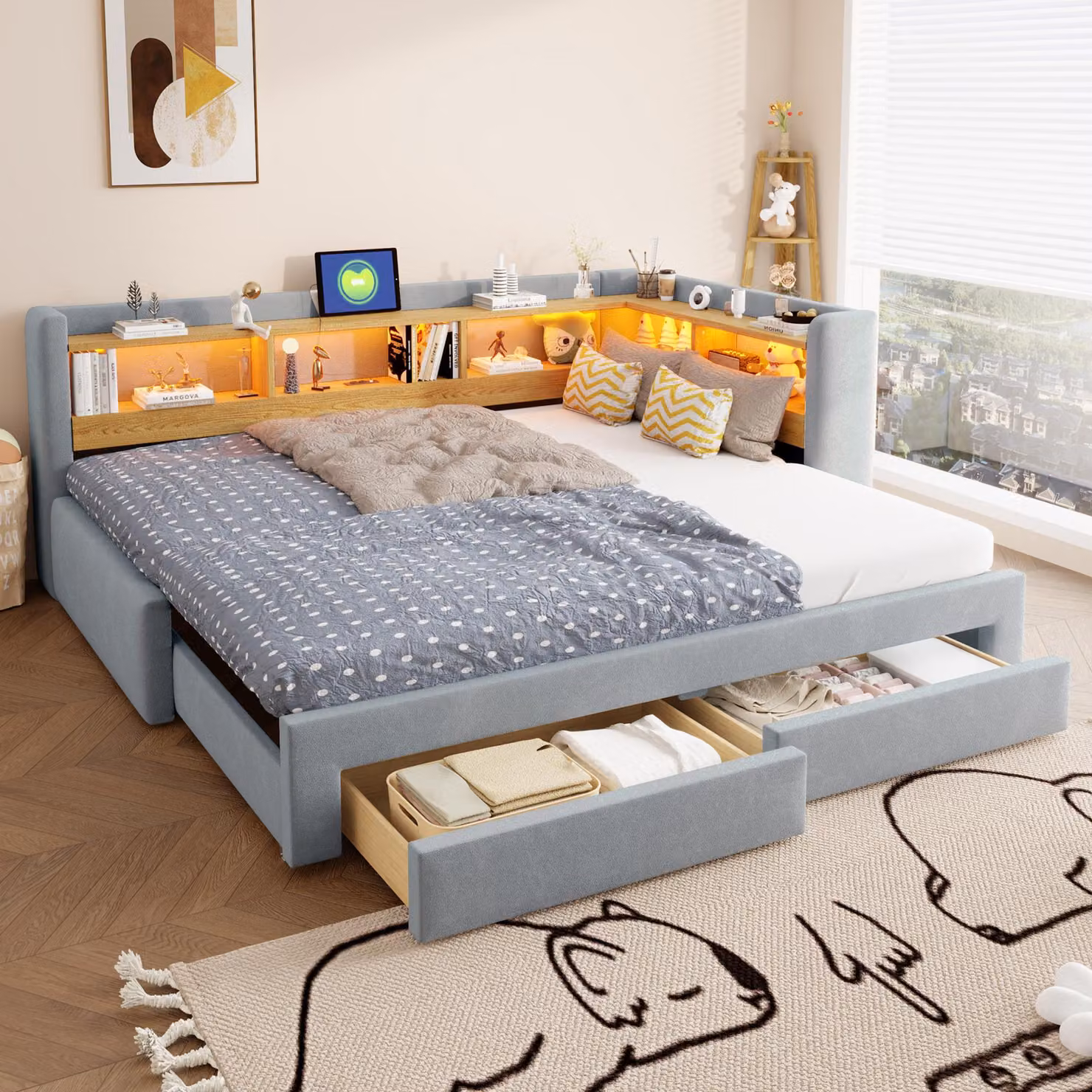 Divano letto STILVORA, 90 x 200 cm, con letto estraibile per ospiti, divano letto diurno con cassetti e illuminazione LED, letto matrimoniale 180 x 200 cm con presa di corrente