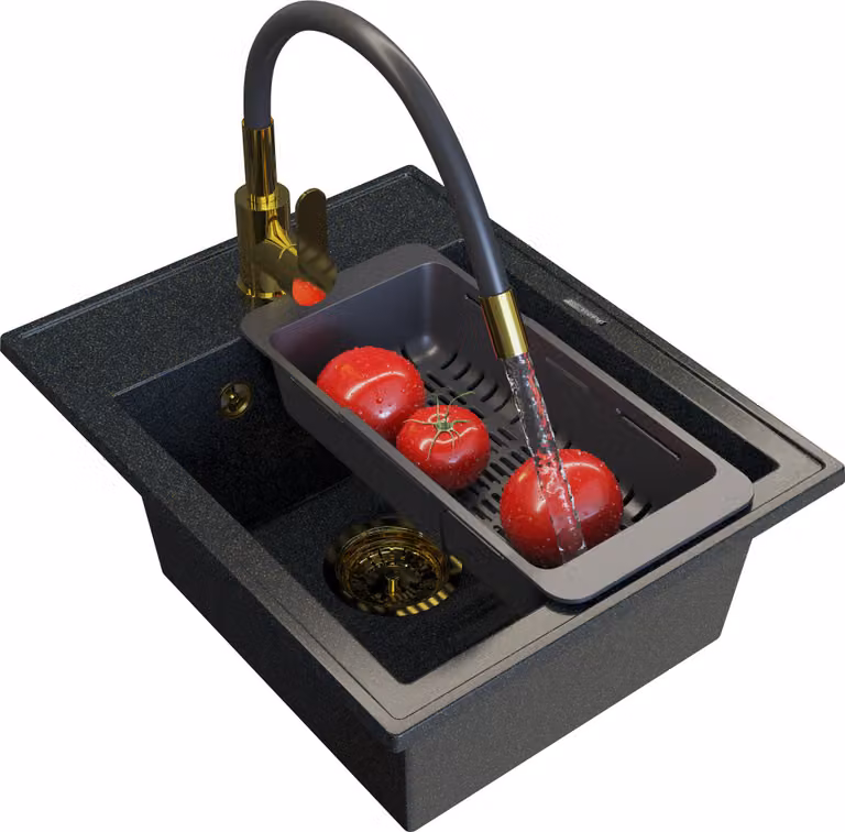 Granitan - Lavello in granito - Lavandino 50x40 cm - Lavello cucina nero - con miscelatore - NERO