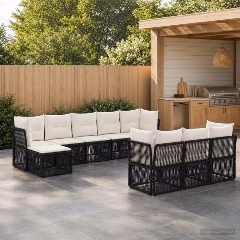 Set Divano da Giardino vidaXL 10 Pezzi a Forma di U in Polyrattan Nero con Cuscini Imbottiti e Struttura in Acciaio Verniciato a Polvere