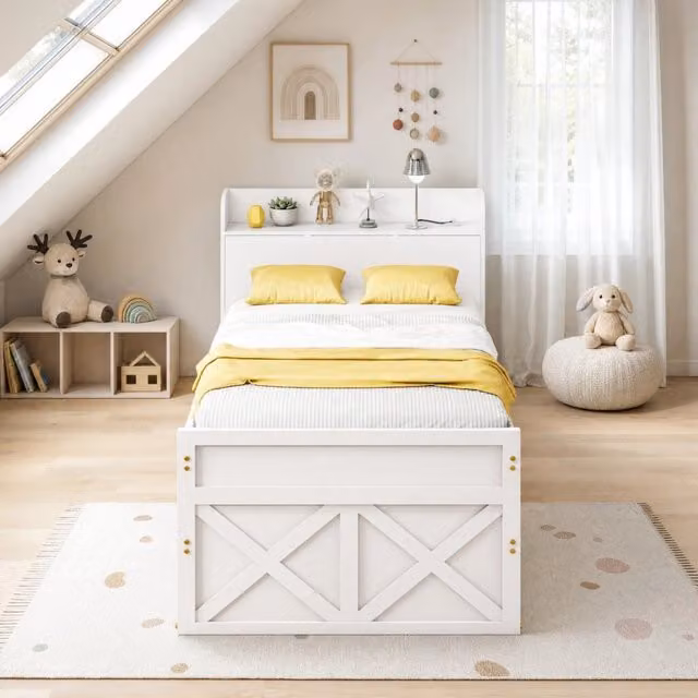 Letto singolo 90x190 cm bianco in legno con letto estraibile e 2 cassetti, senza materasso