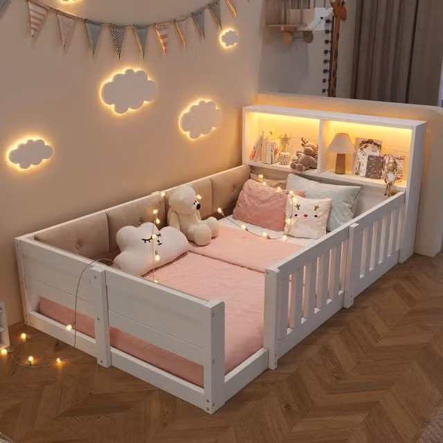 Letto singolo con rete e LED ¨C Minimal ¨C Bianco imbottito legno 90x200 cm