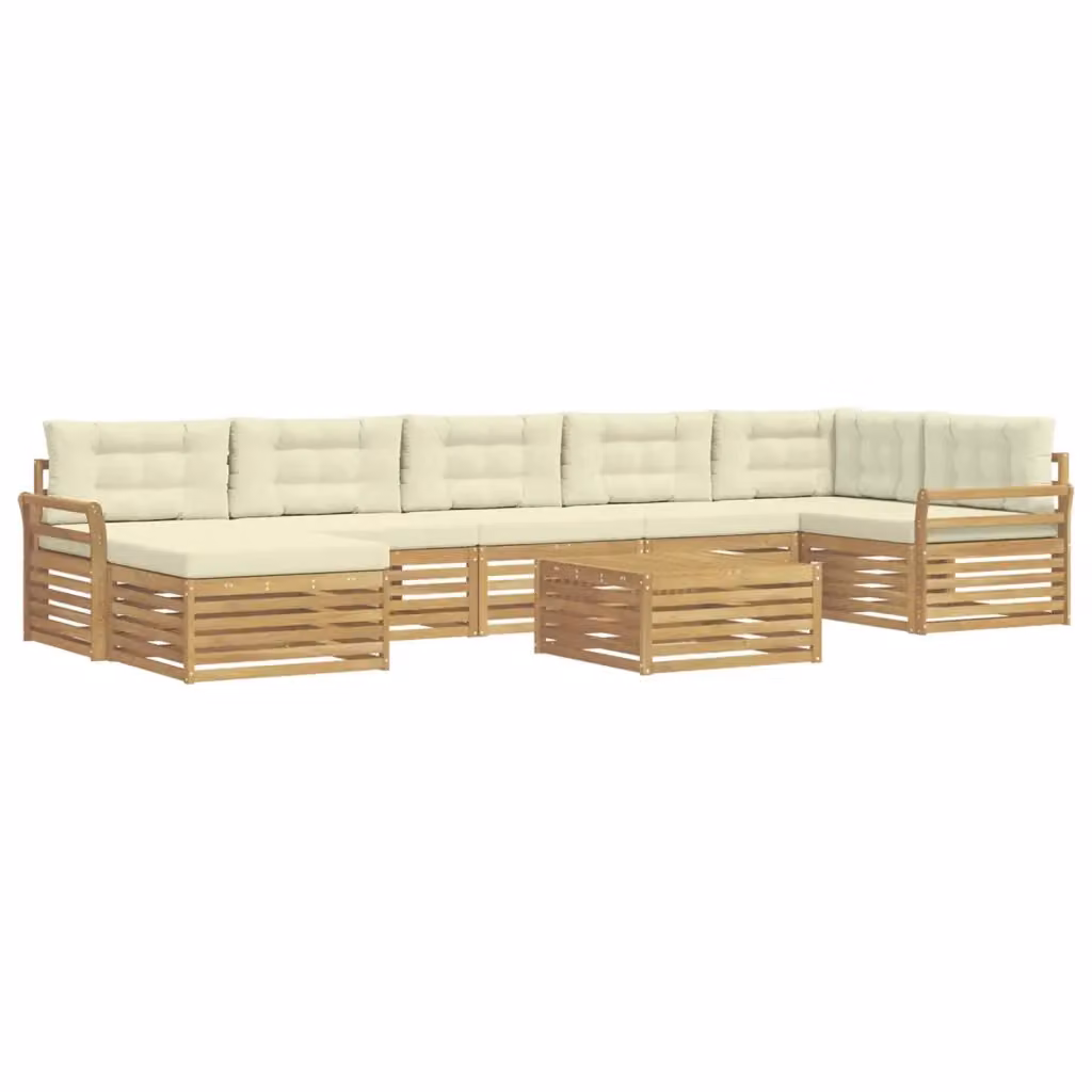 Set di divani da esterno vidaXL a forma di L composto da 8 pezzi con struttura in legno di acacia e cuscini bianchi e beige per giardino e terrazzo – 2