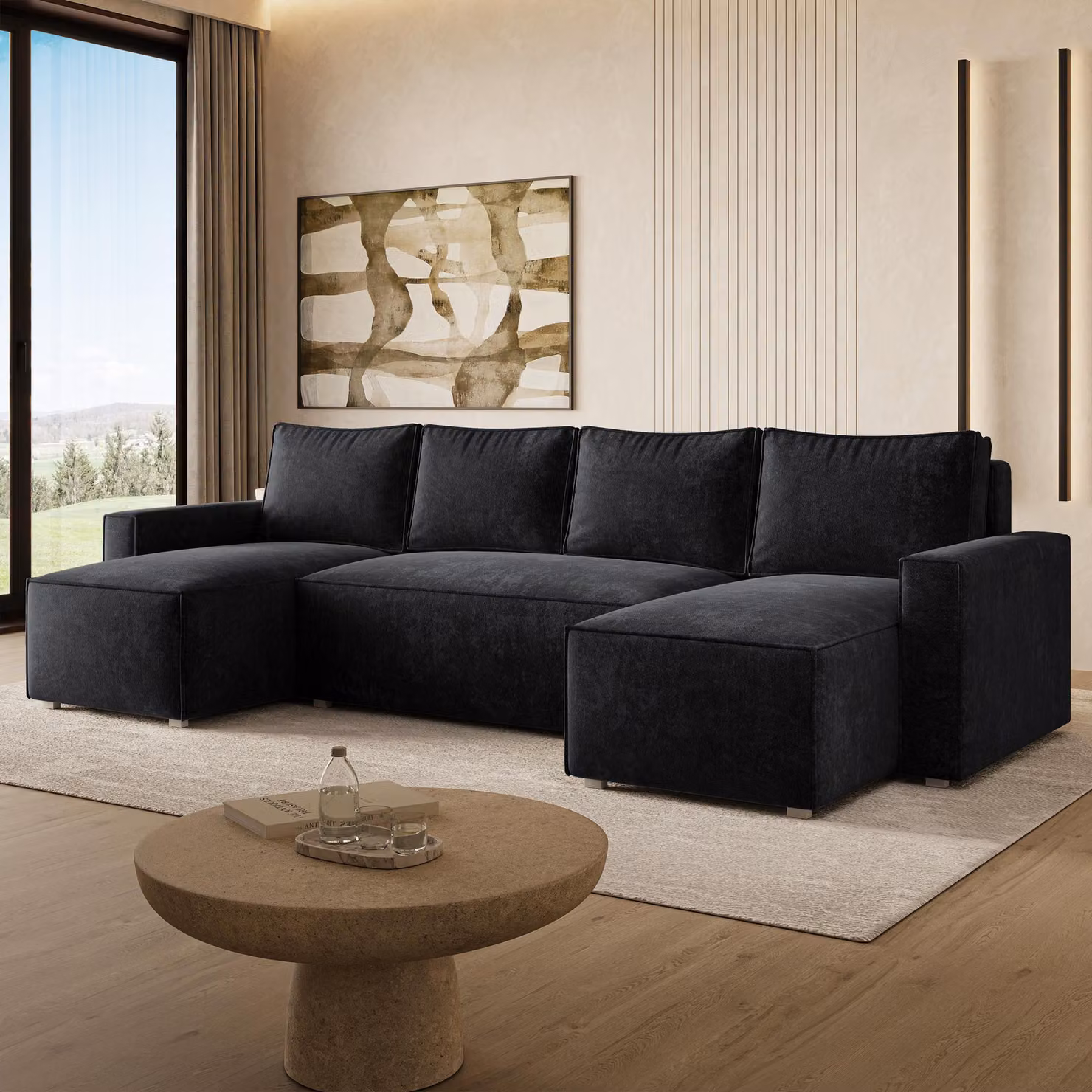 Divano ad angolo Masseno ASPRA LM con funzione letto a U, divano con contenitore, divano da salotto, divano, divano letto, set divani - Nero, LUMO 80