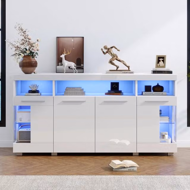 Madia Chicfurn per soggiorno con 3 cassetti, 6 vani e illuminazione LED integrata, in MDF e vetro temperato bianco lucido, L 140 cm x P 40 cm x H 70 cm