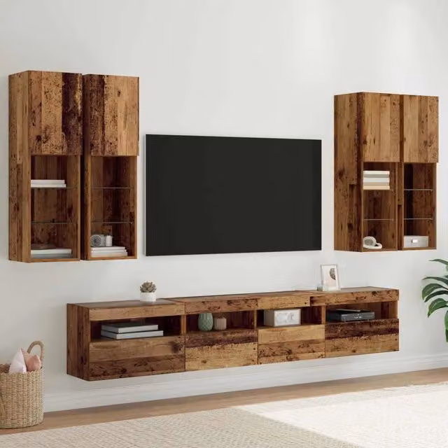 Set Mobile TV a Muro con Luci LED 7 pz Legno vecchio 3402794