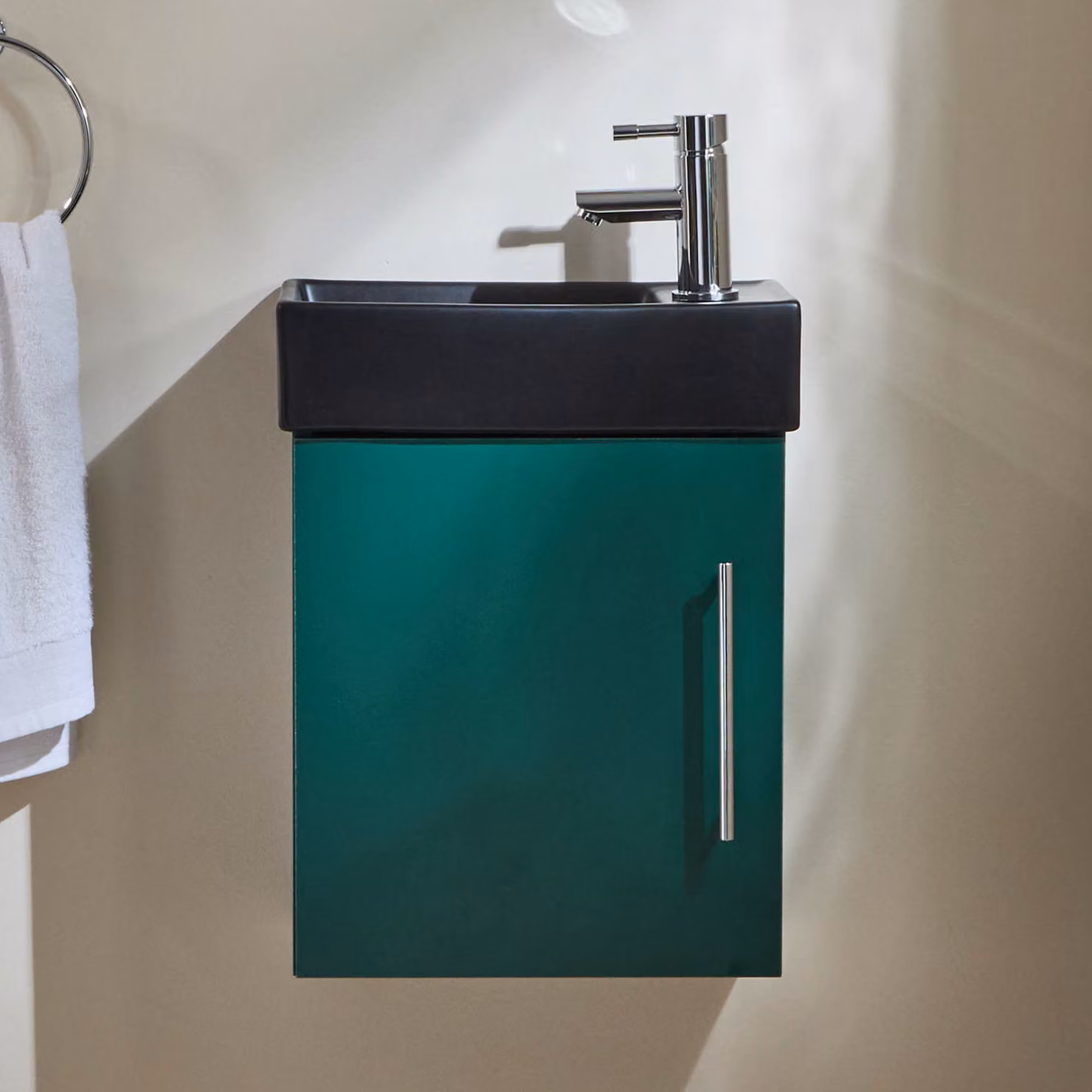 Mobile Bagno Verde Scuro Sospeso da 400mm con Lavabo Nero e Maniglia con Barra a T Cromata - Cluo