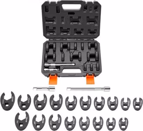 Set di 20 chiavi a zampa di gallina VEVOR per auto con attacco da 3/8 pollici, misure metriche e SAE in acciaio legato 40Cr, colori nero e argento con custodia inclusa