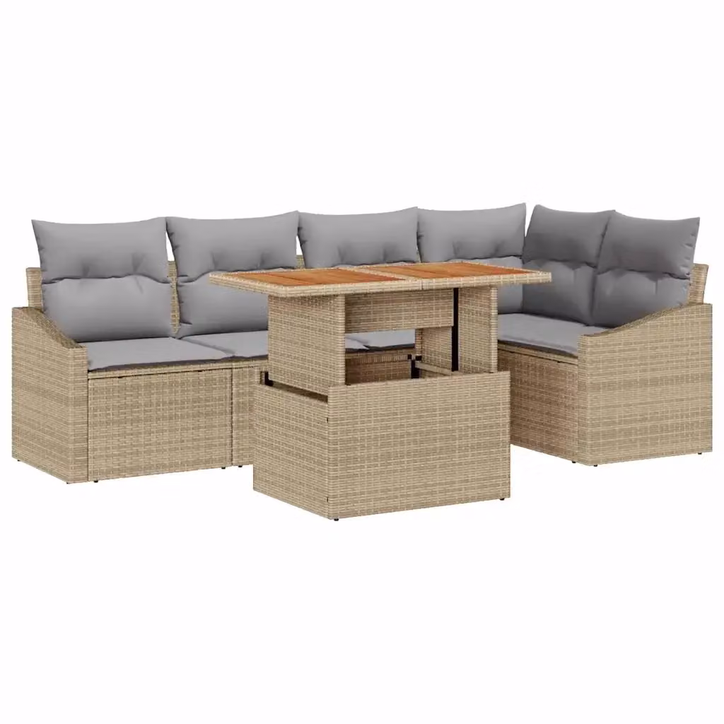 Set Divano da Giardino vidaXL a Forma di L con 6 Pezzi, Beige, in Rattan con Cuscini e Tavolino da Caffè – 2