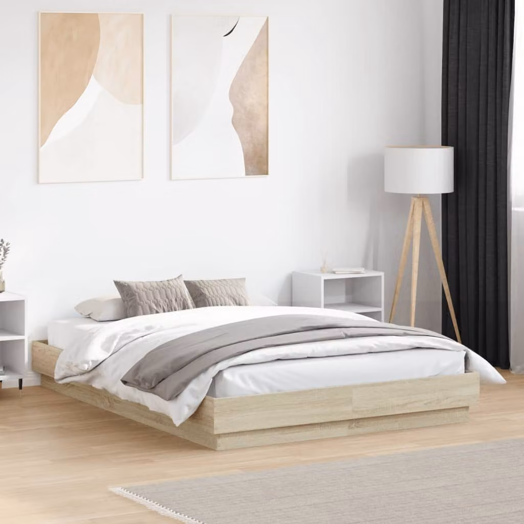 Giroletto moderno vidaXL in legno color rovere con luci LED sottobettiera e porta USB, L: 138 cm, P: 23 cm, H: 193 cm