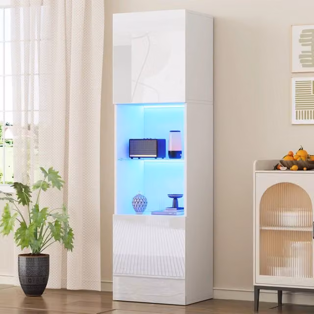 Vetrina con illuminazione LED Bluetooth e ripiano in vetro temperato in truciolare bianco lucido 45 × 35 × 160 cm