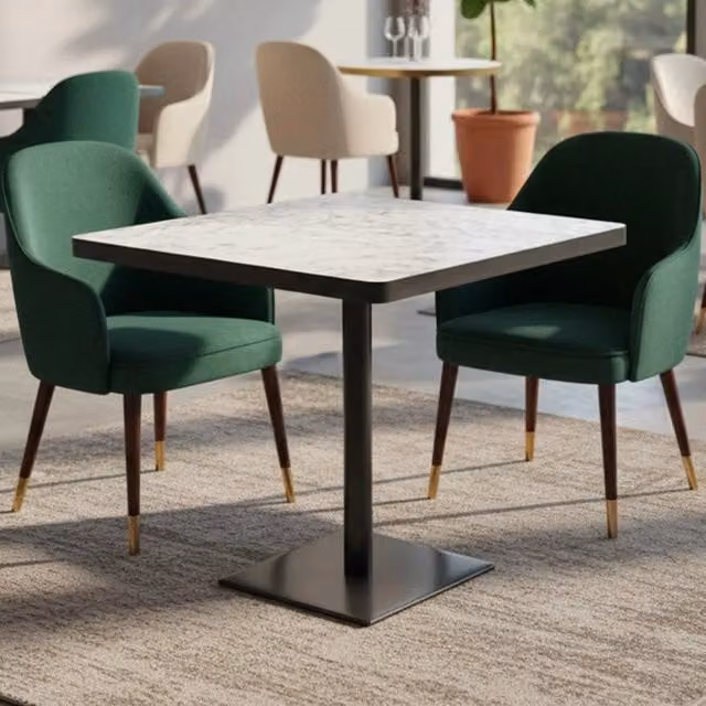 Tavolo quadrato moderno con base nera e piano effetto marmo bianco Key L/P: 80 x 80 cm, H: 75 cm