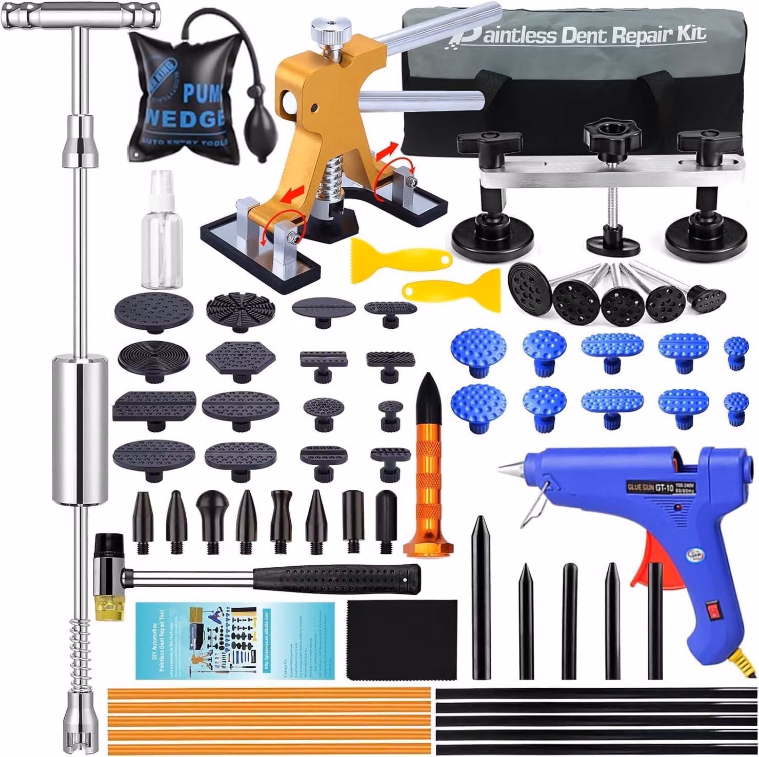 Kit per la rimozione di ammaccature, composto da 67 pezzi, con levafossa dorata e martello a percussione 2-in-1, per la riparazione di veicoli