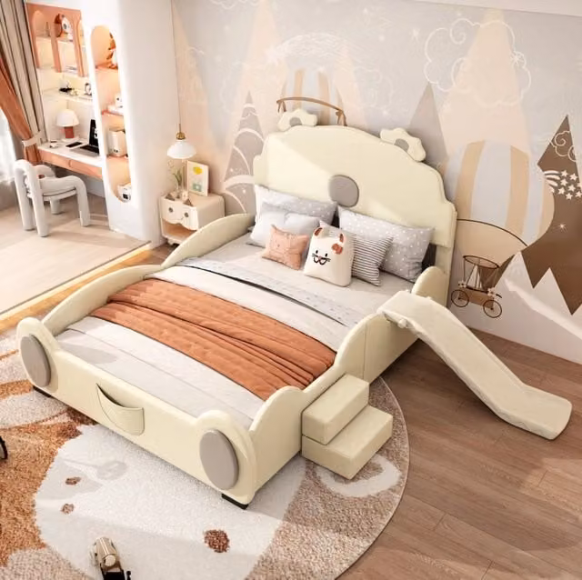 Letto per bambini ULEVR 140x200 cm a forma di orso con scivolo e scaletta, PU beige