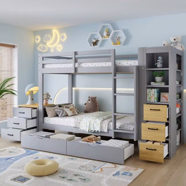 Letto a castello 90x200 cm con contenitore, scaffale laterale e comodino grigio HAVRYA