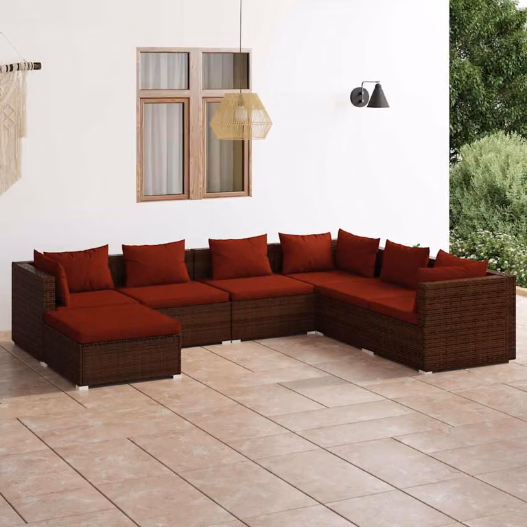 Set Divani da Giardino vidaXL 7 pz in Polyrattan Marrone con Cuscini e Struttura in Acciaio