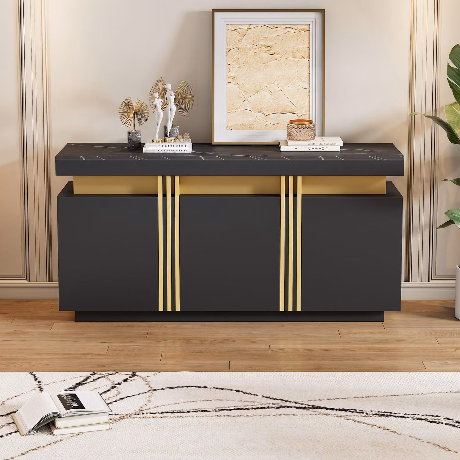 Credenza nera 140×38×70 cm con 3 ante e ripiani regolabili