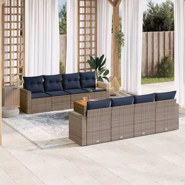 vidaXL Set Divani da Giardino 9 pz in Polyrattan con Cuscini Blu e Grigio per Esterno