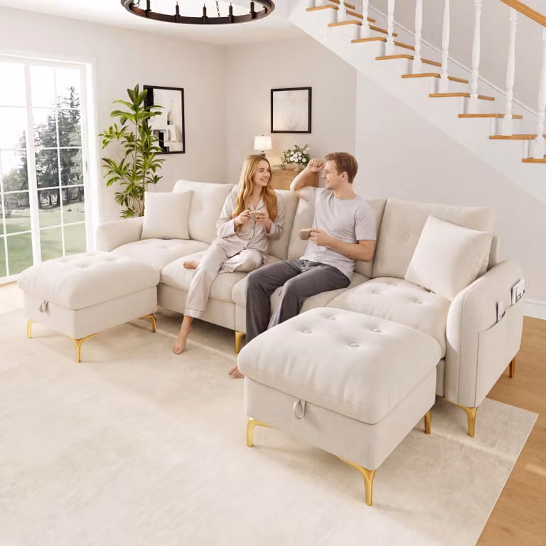 Divano letto Flieks con poggiapiedi contenitore, divano con cuscini decorativi, divano a forma di "U" per 4 persone, dimensioni 263x137x85 cm, colore beige, tessuto chenille