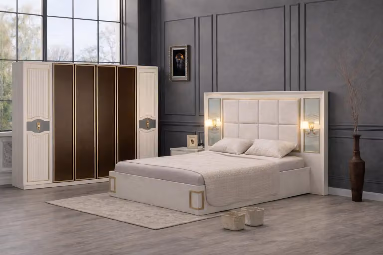 Set moderno per la camera da letto, completo di letto e armadio spazioso.