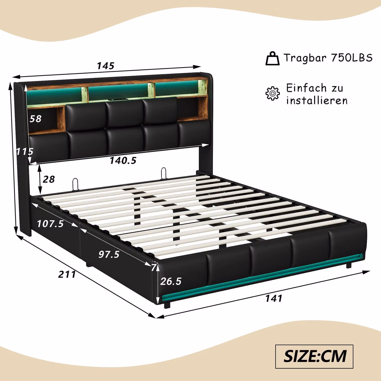 Letto imbottito - Letto matrimoniale - 140 x 200 cm - Contenitore a sollevamento idraulico - Testiera con vano portaoggetti - Rivestimento inPoliuretano- Colore: nero