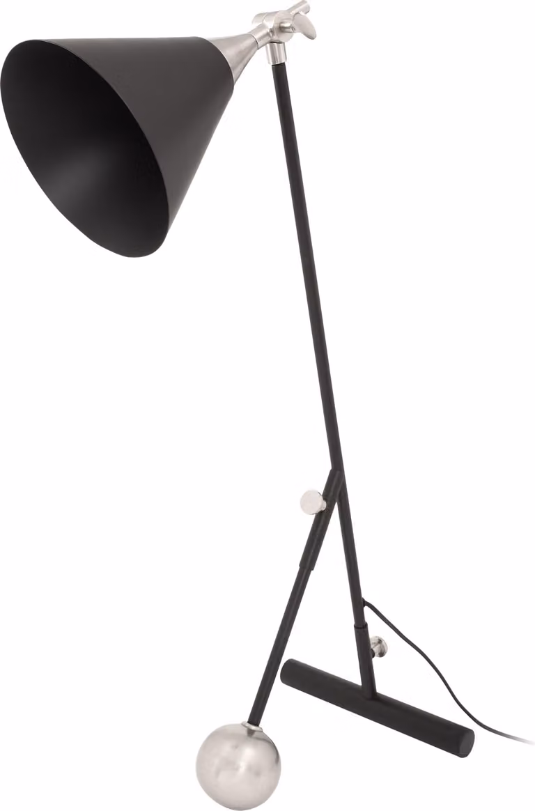 Lampada da tavolo Padiro, 50 x 16 x 76 cm - nera e argentata - in ferro - con paralume inclinato e elemento decorativo a peso