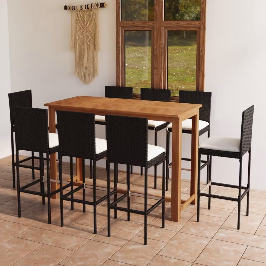 The Living Store Set bar da giardino 9 pezzi con cuscini nero