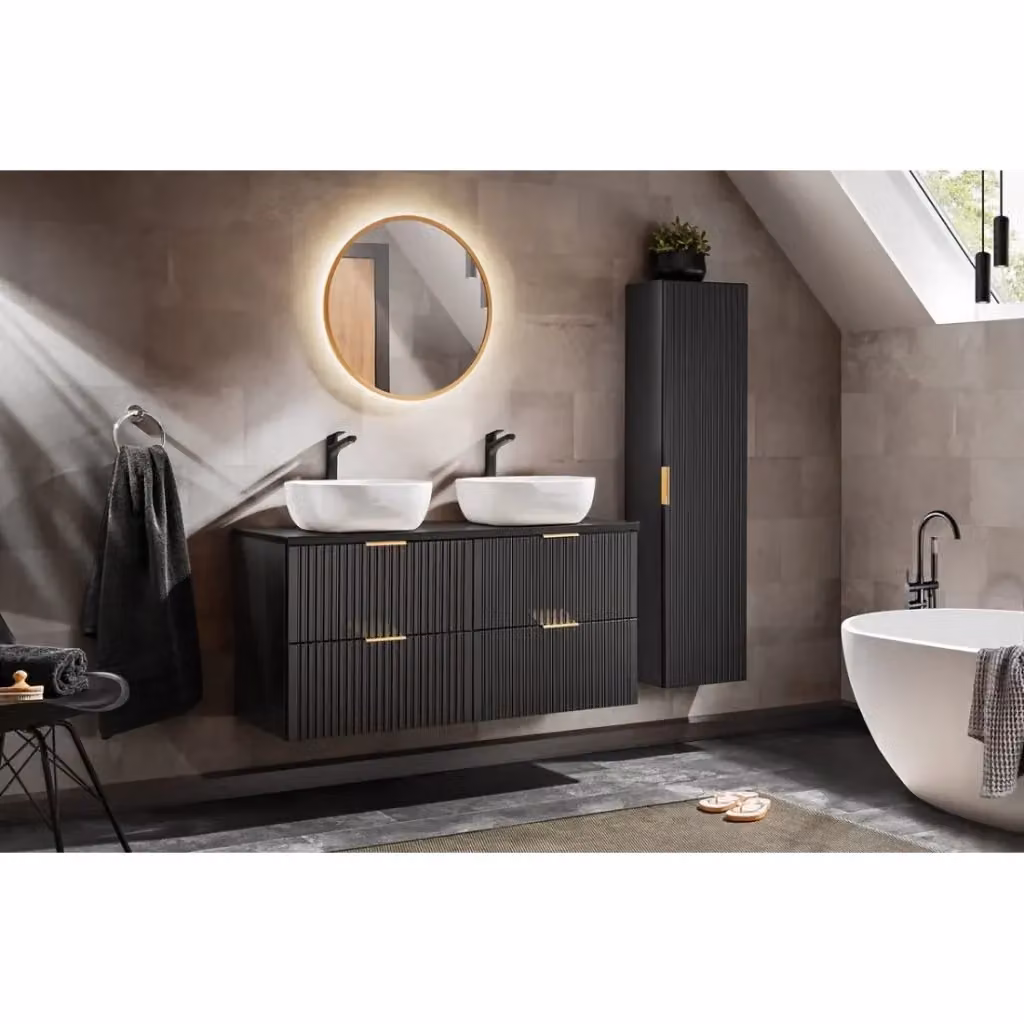 Set mobile bagno NOXERA nero opaco con doppio lavabo, specchio con illuminazione LED e colonna sospesa L: 120 cm – 2