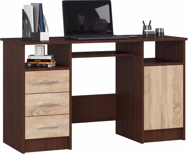 Scrivania AKORD ANA moderna con 1 anta e 3 cassetti, finitura Wengé e inserto Sonoma Quercia, L 124 cm x P 52 cm x H 74 cm