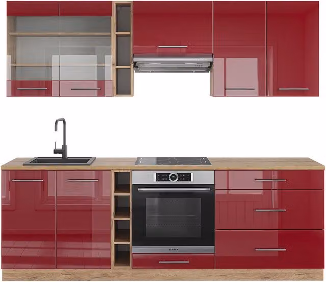Cucina componibile moderna Fame-Line Vicco colore Bordeaux lucido e Rovere dorato, larghezza: 235 cm, senza piano di lavoro – 1