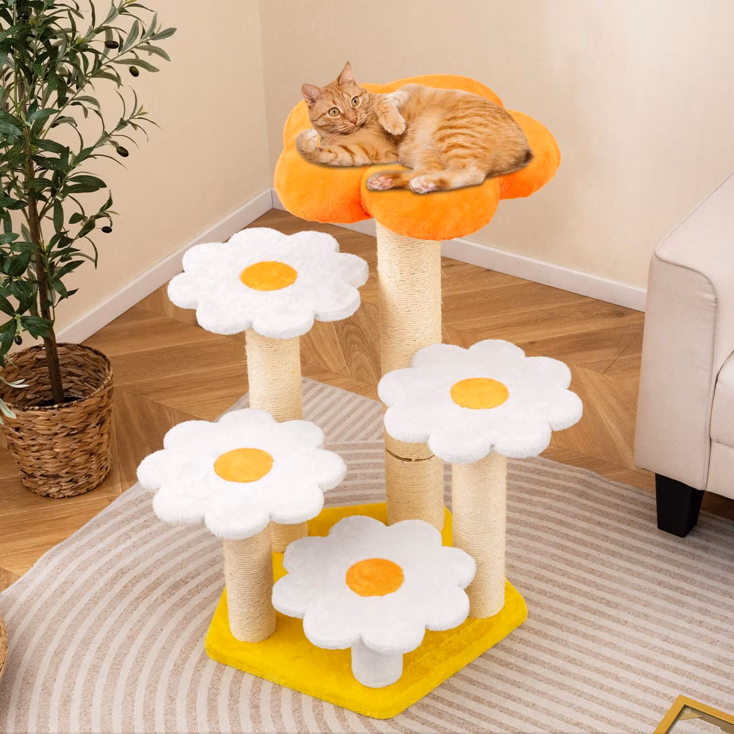 COSTWAY 90 cm tiragraffi piccolo, design floreale, albero per gatti con superficie in peluche, tiragraffi e piattaforme in sisal, tiragraffi in legno per gatti, arancione per interni