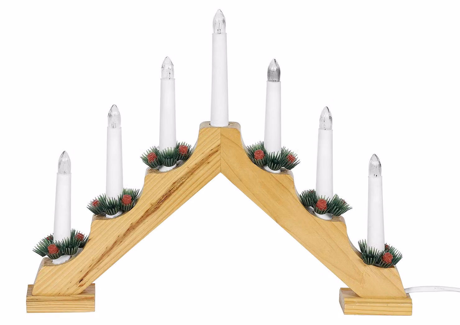 Arco luminoso natalizio, 39,5x30 cm, in legno, con 7 candele a filamento, dotato di interruttore