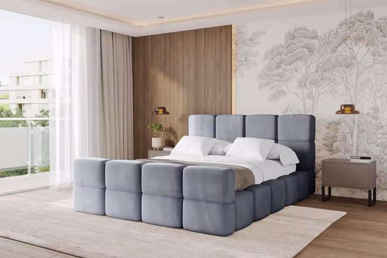 Letto imbottito ALTDECOR con contenitore - NATA-Z 180x200 grigio, letto con testiera, letto contenitore senza materasso, letto matrimoniale con spazio contenitivo