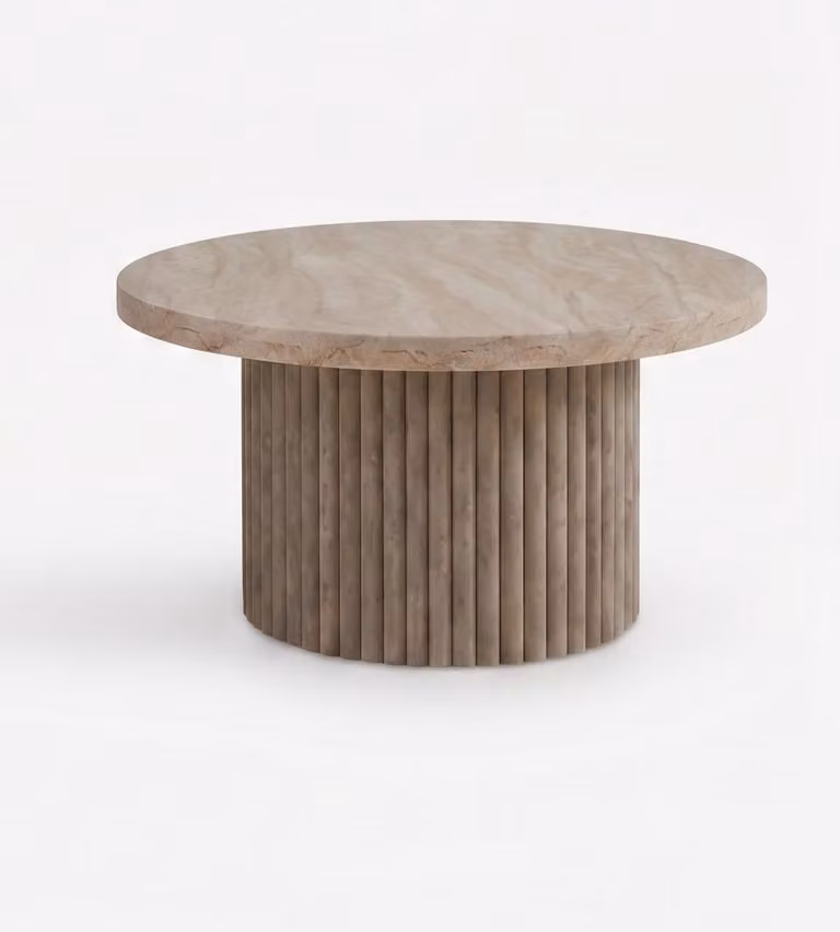 Tavolino da caffè, color grigio-beige, stile moderno, confortevole, minimalista, forma rotonda