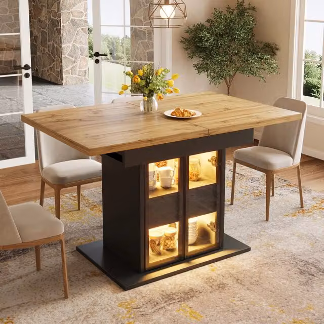 Tavolo allungabile da pranzo con 2 cassetti ante scorrevoli in vetro e LED RGB via app MDF nero