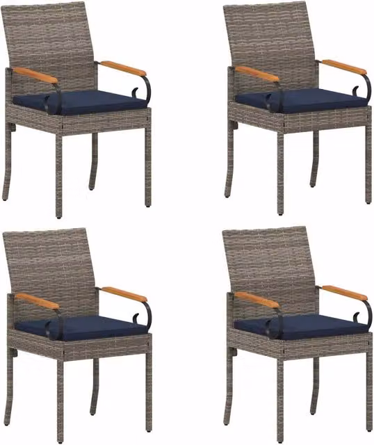 Set di 4 sedie da giardino moderne in polyrattan e legno di acacia con cuscini, colori grigio e blu navy