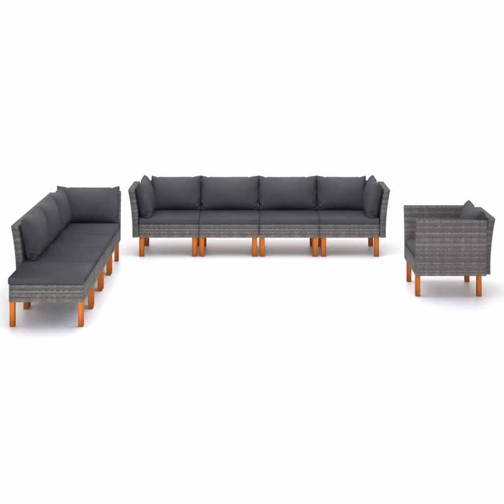set 9 pezzi da giardino in poly rattan e legno di eucalipto grigio
