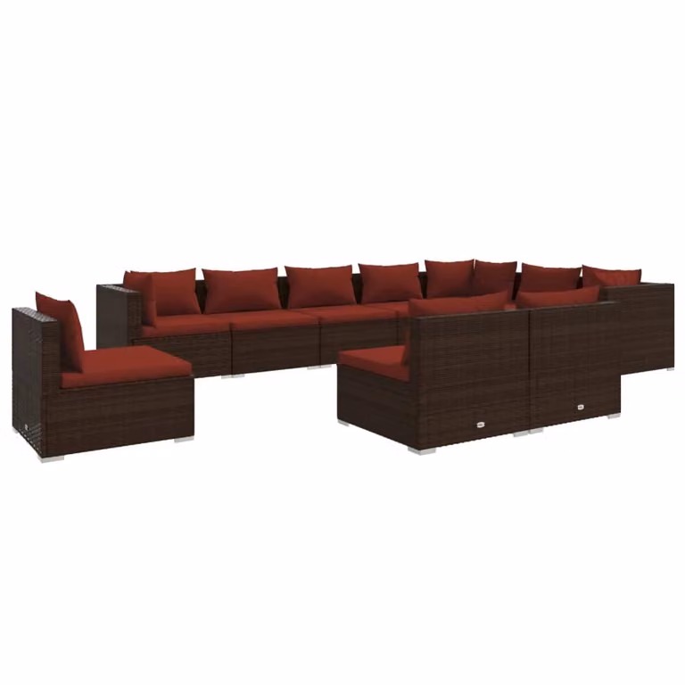 Set Divani da Giardino 10 pz con Cuscini in Polyrattan Marrone
