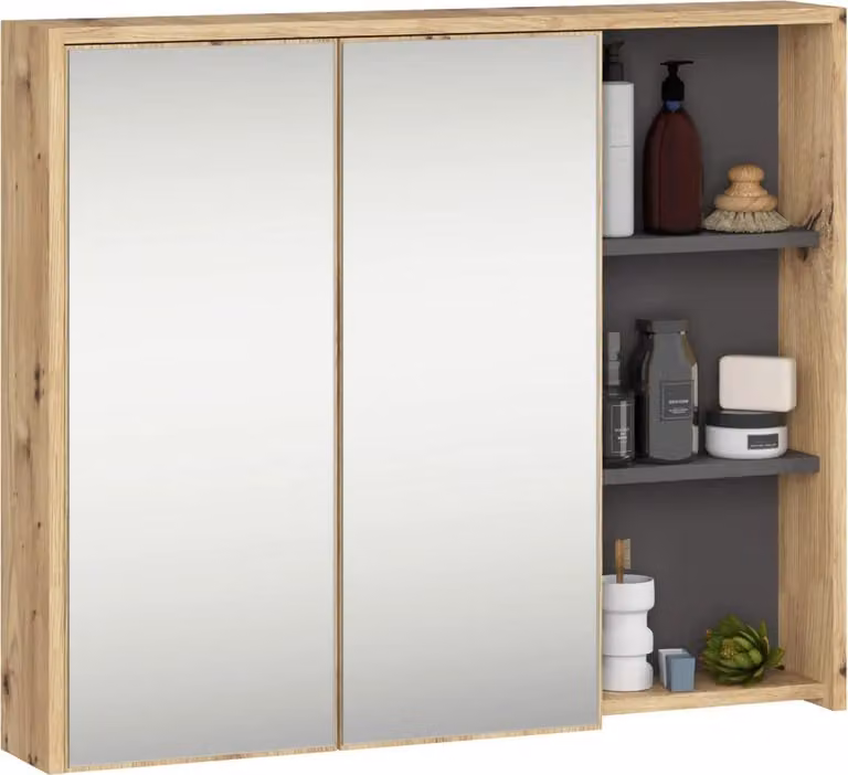 Mobiletto da bagno con specchio MARLION - rovere artisan / grigio