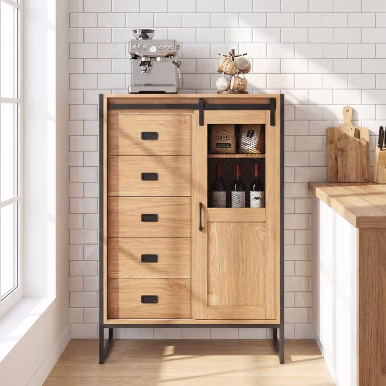Armadio da terra Costway in legno marrone con ante scorrevoli, 5 cassetti e ripiani regolabili, mobile buffet in stile rustico per bagno, soggiorno o cucina