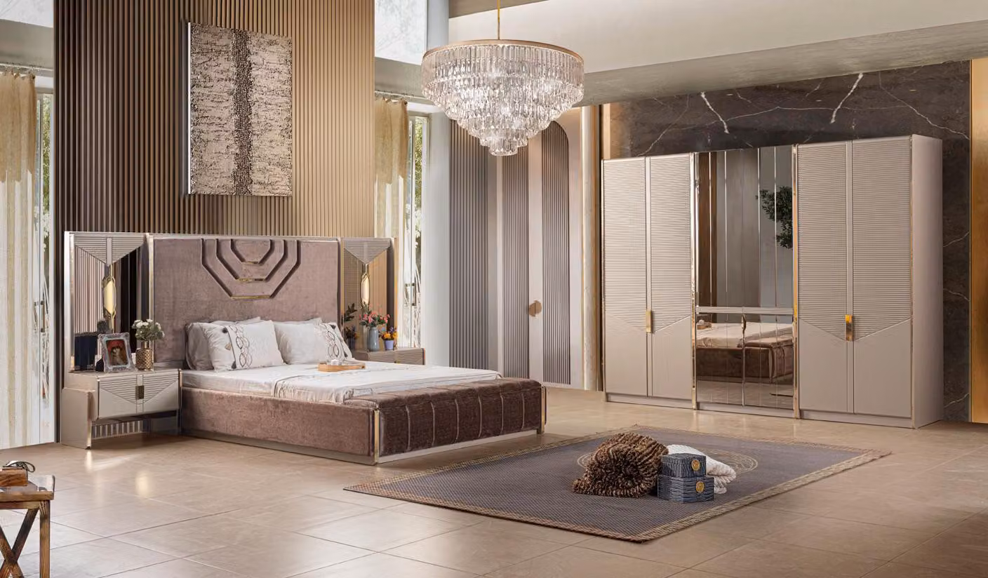 Set per camera da letto: letto, 2 comodini, armadio, colore beige, stile moderno